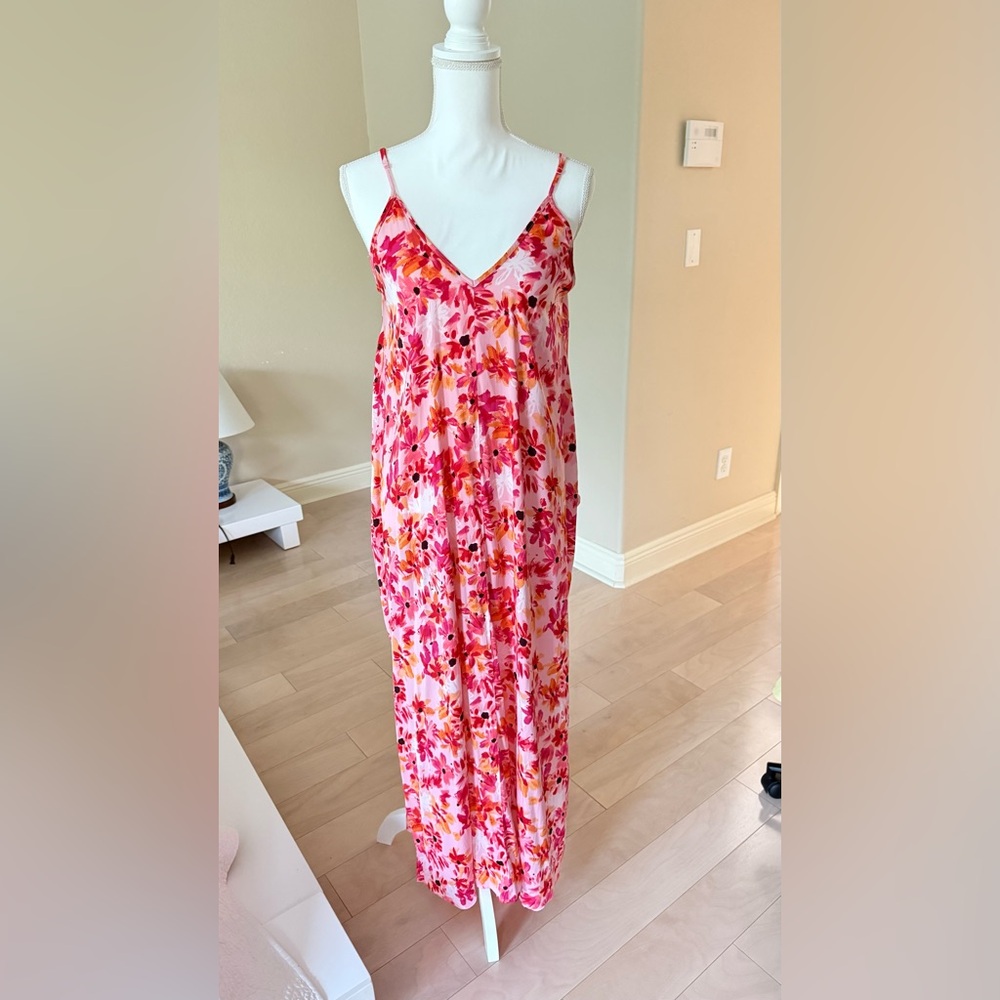 Indian Summer Pink and Orange Maxi Dress with V-Neckline